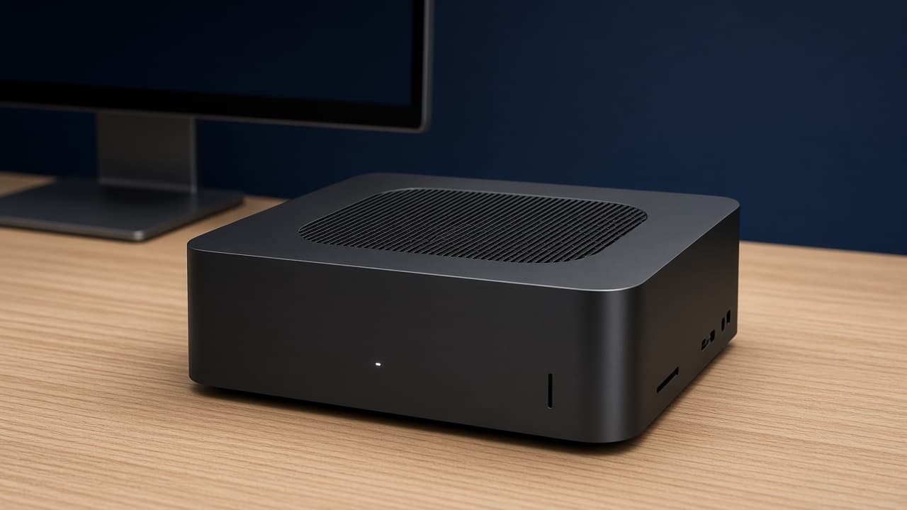 A Mac Studio on a wooden desk, a display behind it, one light on its front.