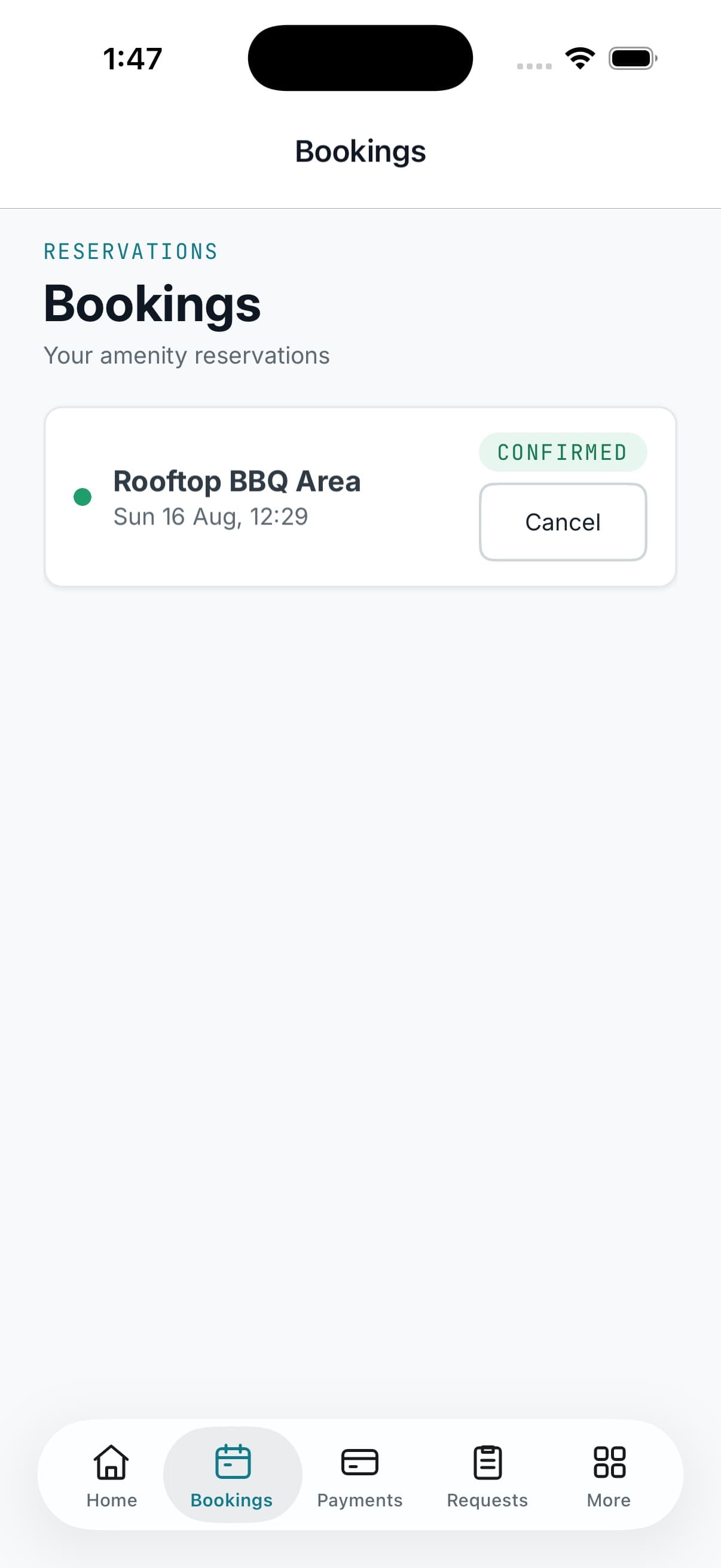 The resident app bookings screen listing amenity reservations with the space booked, the time and a confirmed status.