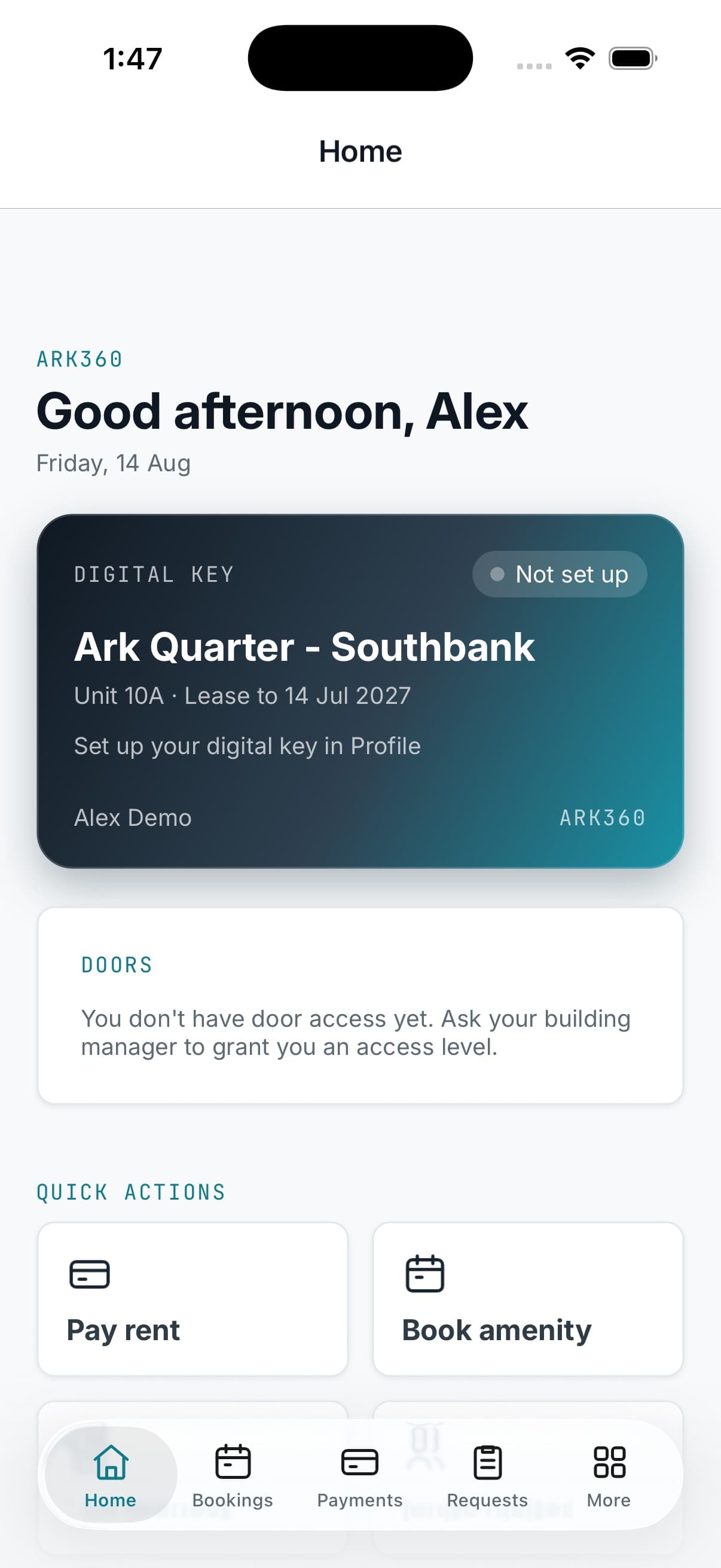 The resident app home screen showing the digital key card for a unit with its lease end date, the door access state, and quick actions for rent, amenities, requests and visitors.