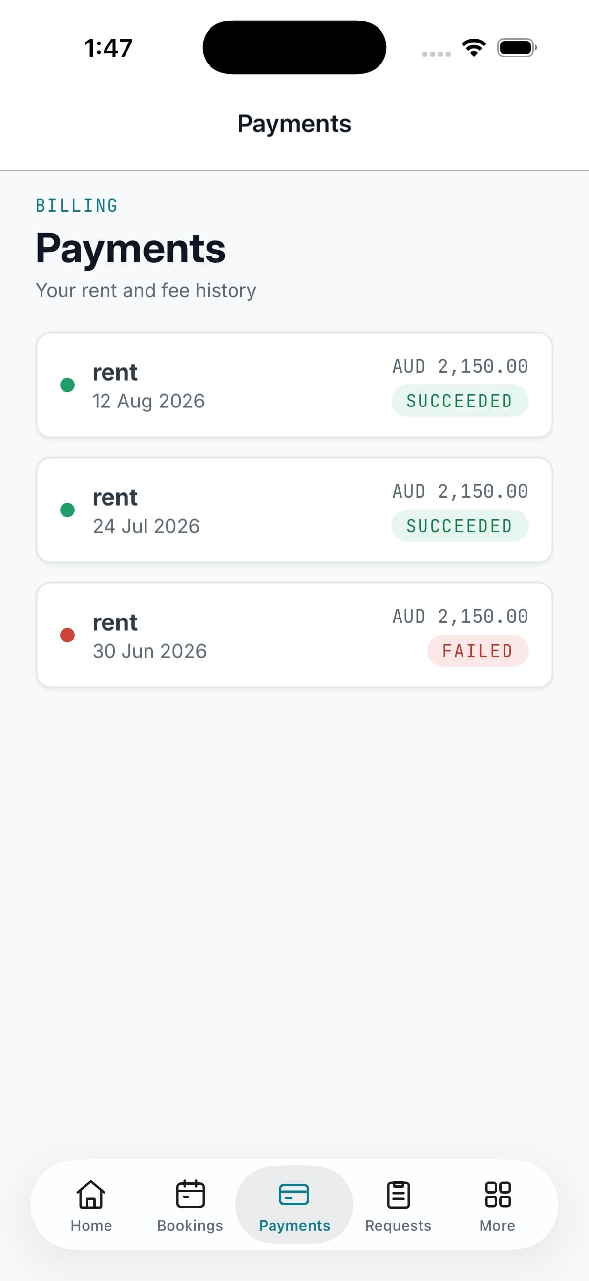 The resident app rent statement listing charges by date with their amount and a succeeded or failed status against each.
