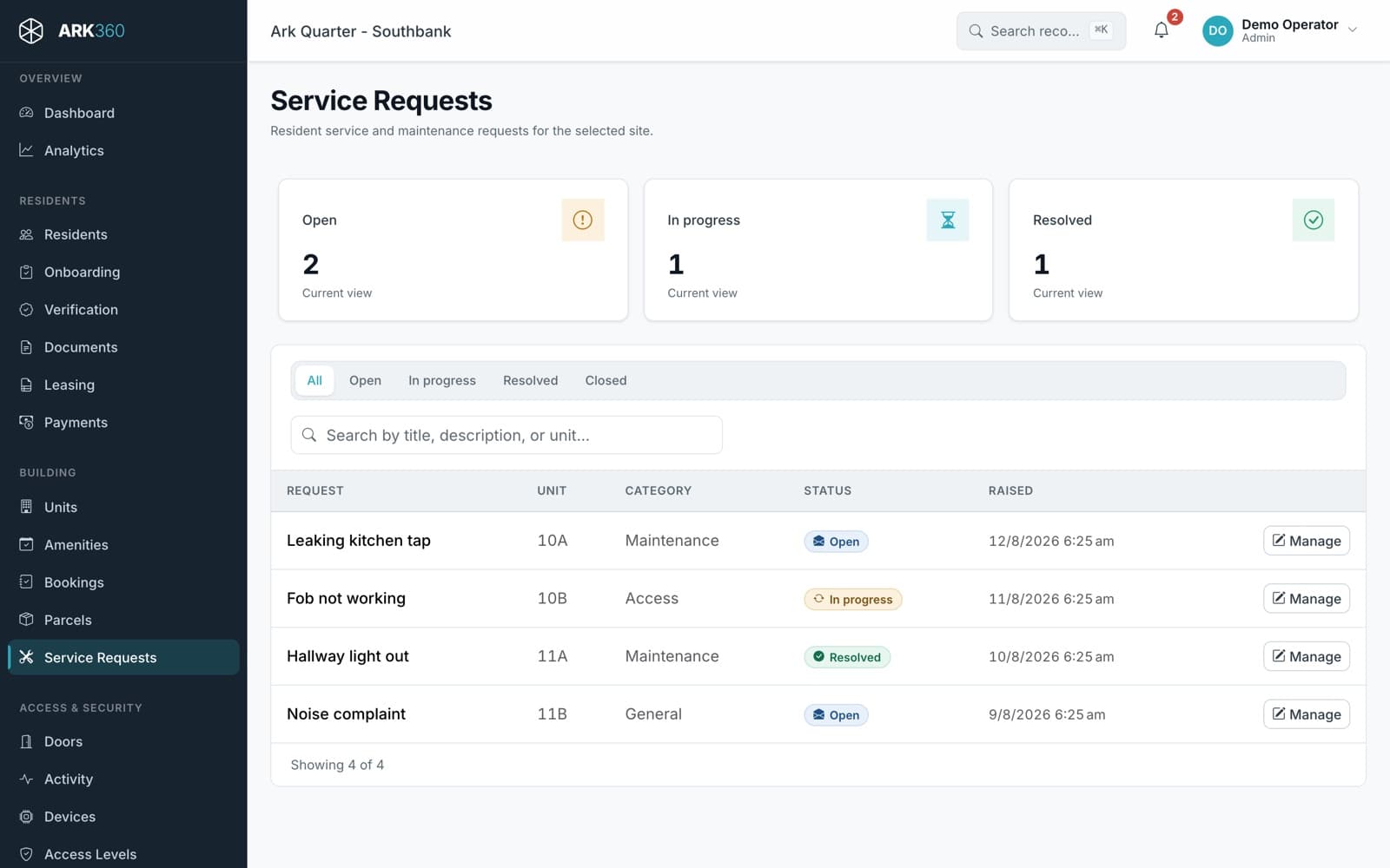 The service requests screen listing maintenance jobs with category, priority and current state.